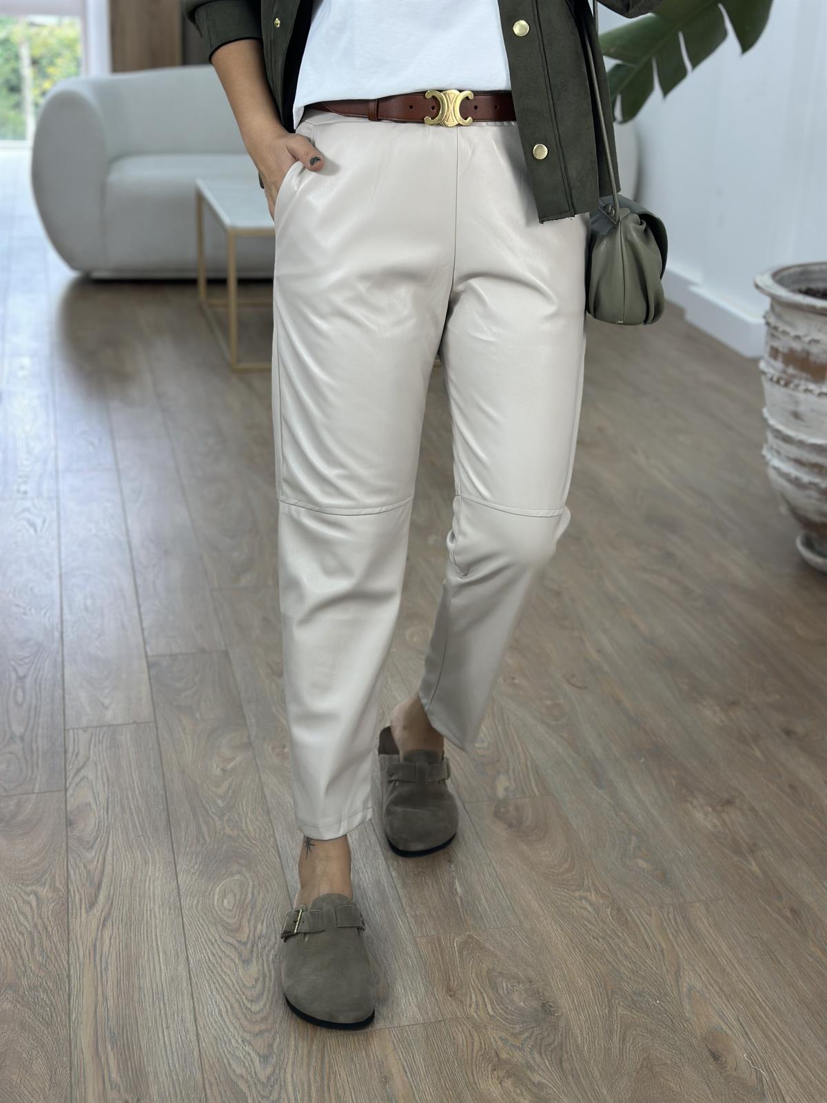 Beli Bağcıklı Deri Pantolon - Vizon