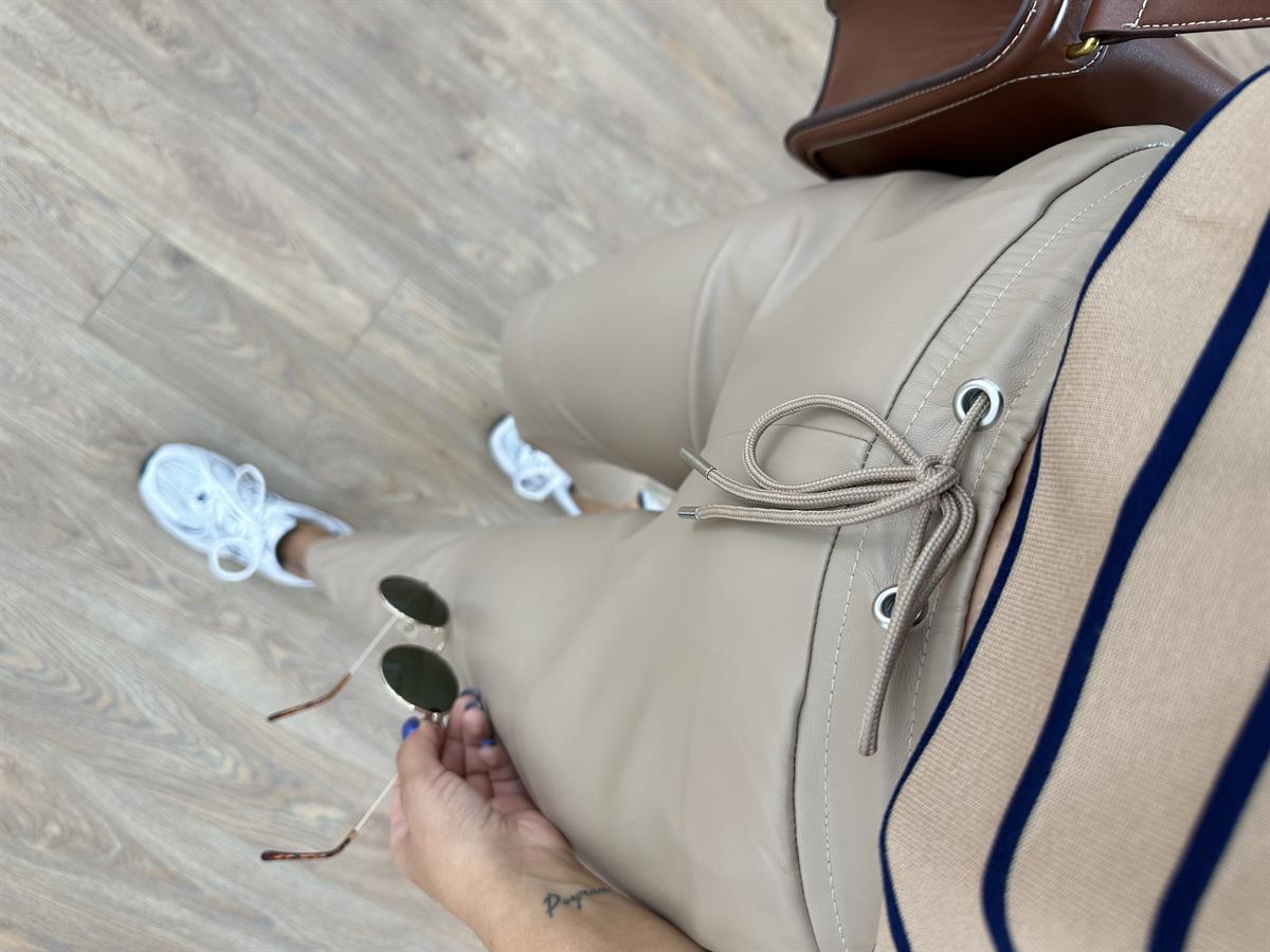 Beli Bağcıklı Deri Pantolon - Vizon