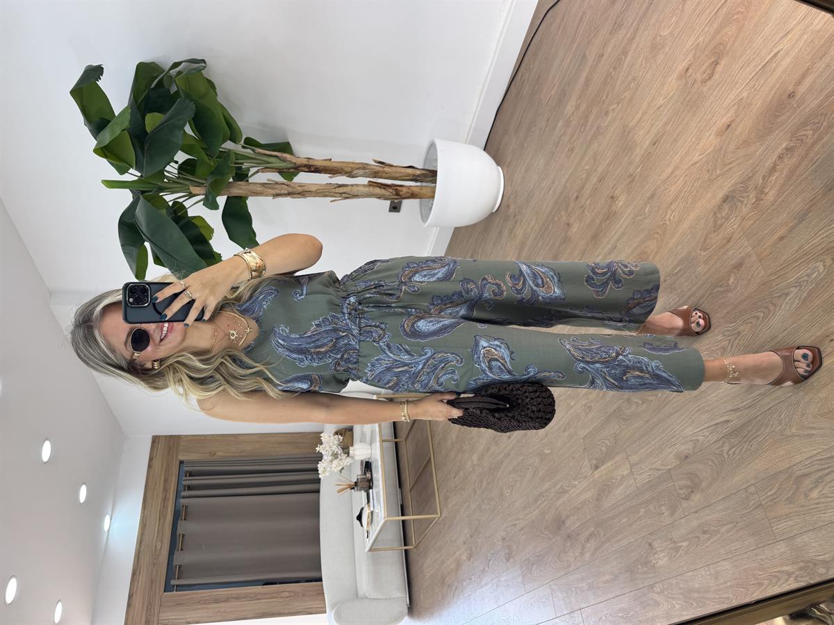 Beli Bağcıklı Desenli Tulum - Haki