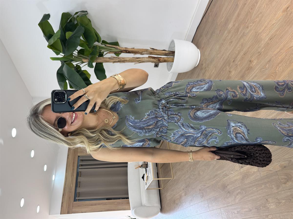 Beli Bağcıklı Desenli Tulum - Haki