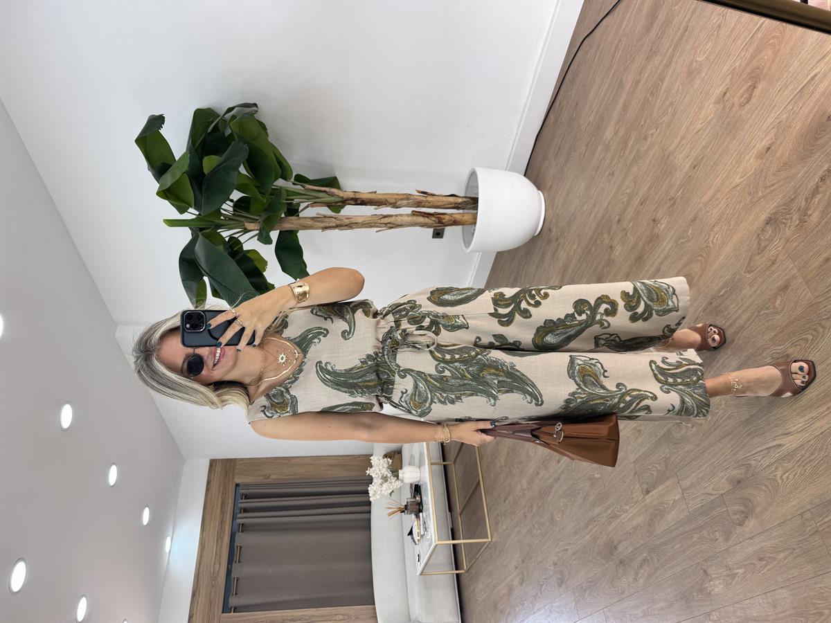 Beli Bağcıklı Desenli Tulum - Taş