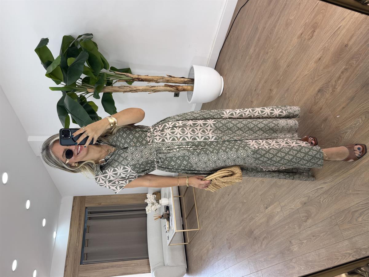 Beli Bağcıklı Emprime Desenli Maxi Elbise 