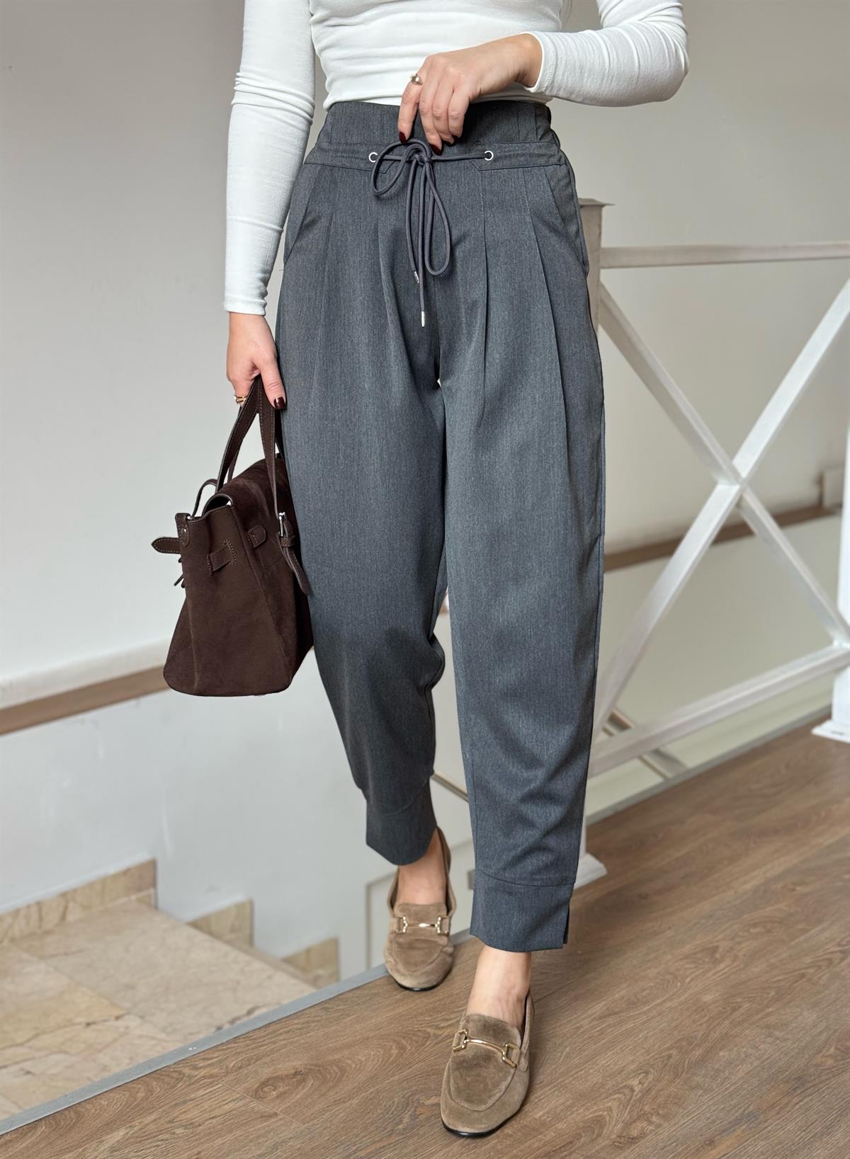 Beli Bağcıklı Havuç Pantolon - Gri