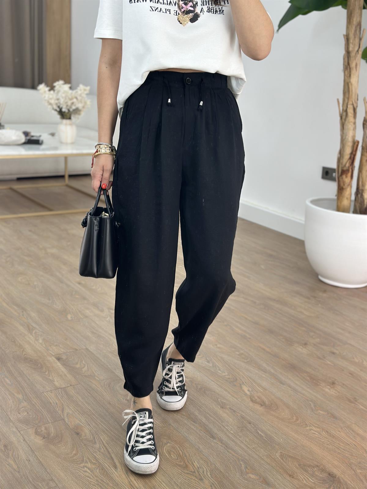 Beli Bağlama Detaylı Havuç Pantolon - Siyah