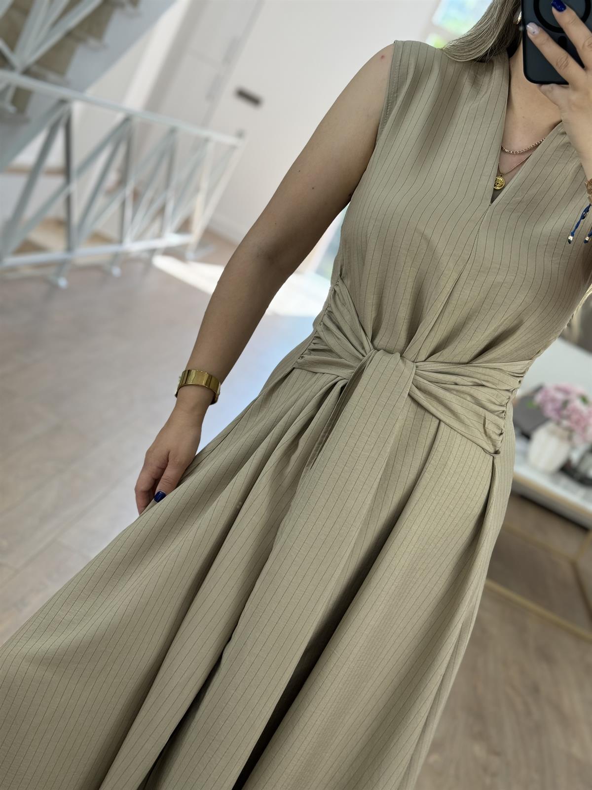 Beli Bağlama Detaylı Pamuk Elbise-Bej