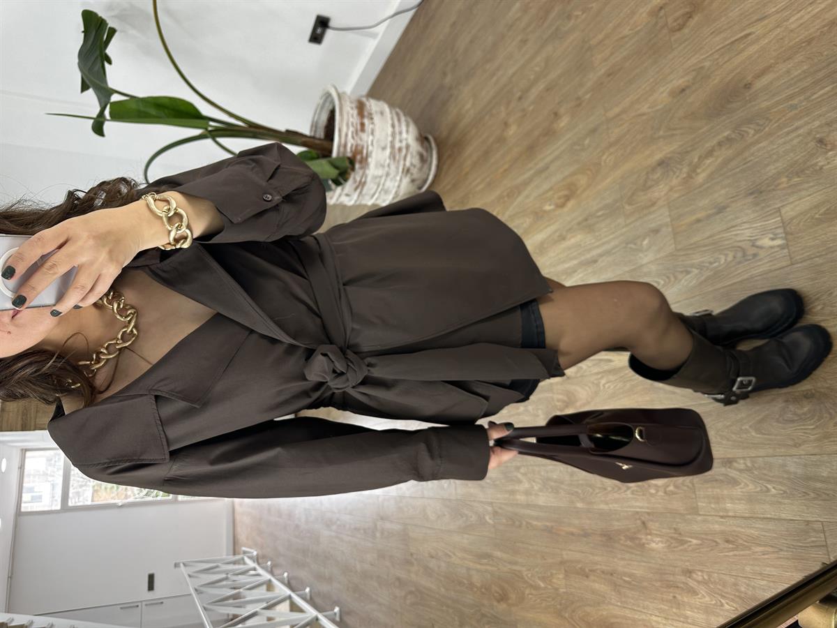 Beli Bağlamalı Açık Yaka Gömlek - Acı Kahve