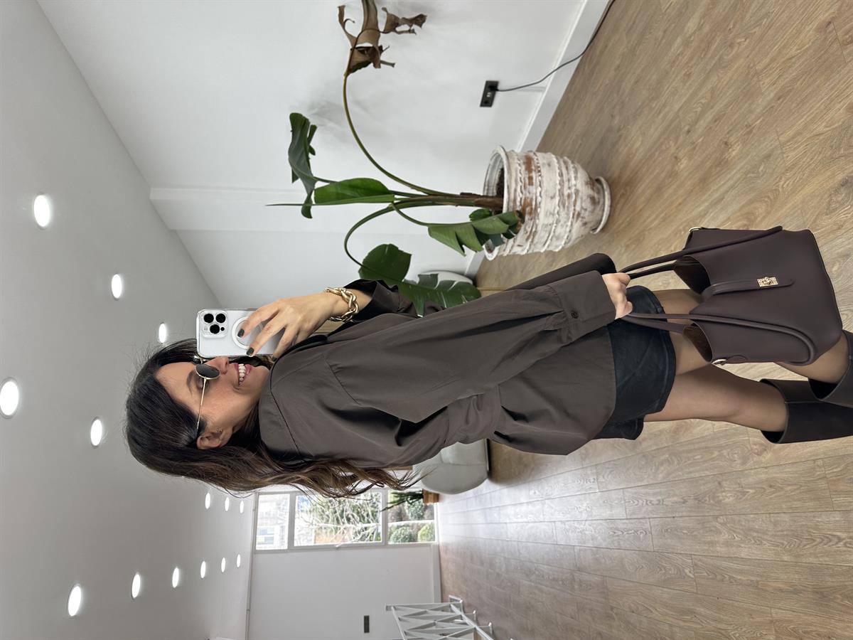 Beli Bağlamalı Açık Yaka Gömlek - Acı Kahve