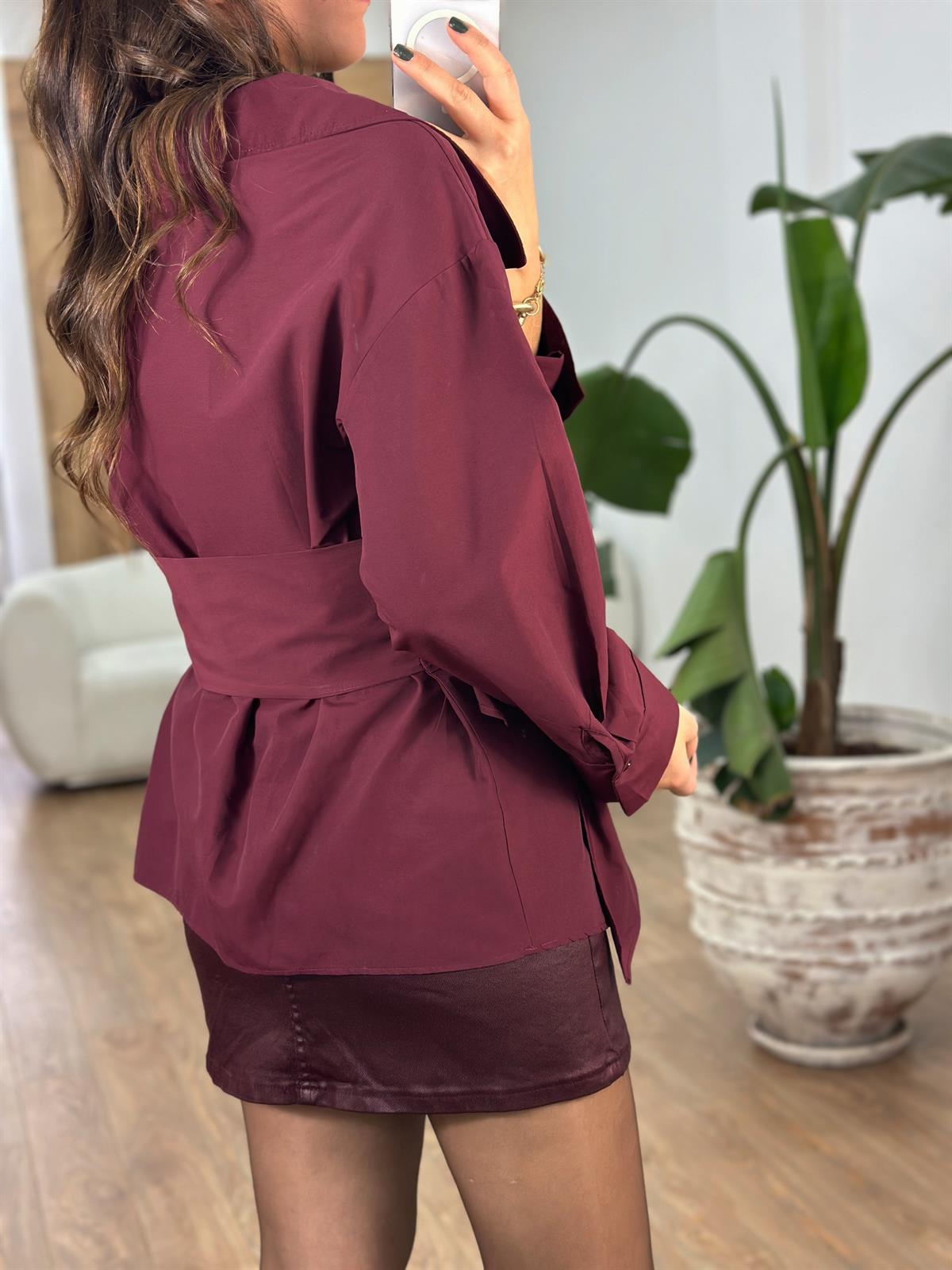 Beli Bağlamalı Açık Yaka Gömlek - Bordo