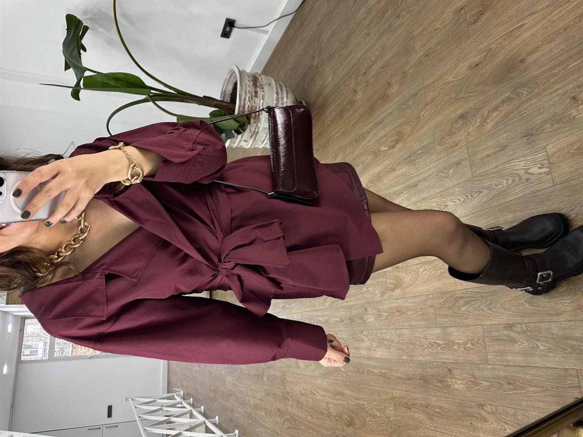 Beli Bağlamalı Açık Yaka Gömlek - Bordo