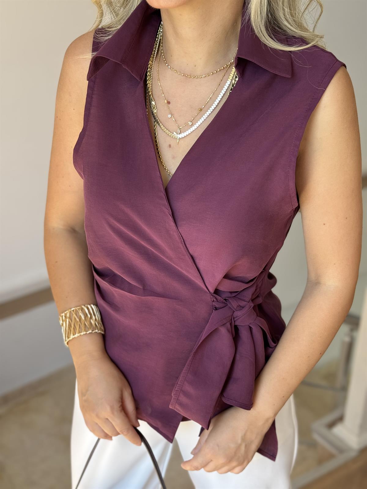 Beli Bağlamalı Bluz - Bordo