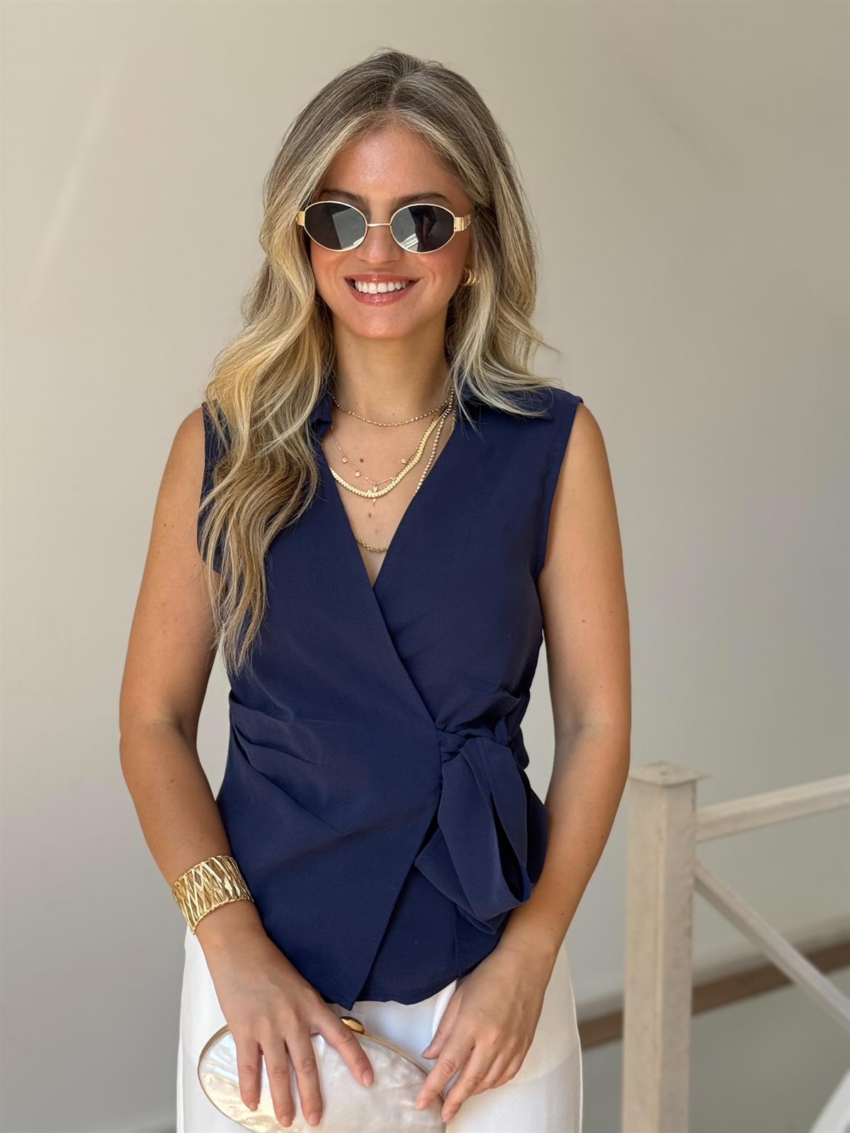 Beli Bağlamalı Bluz - Lacivert