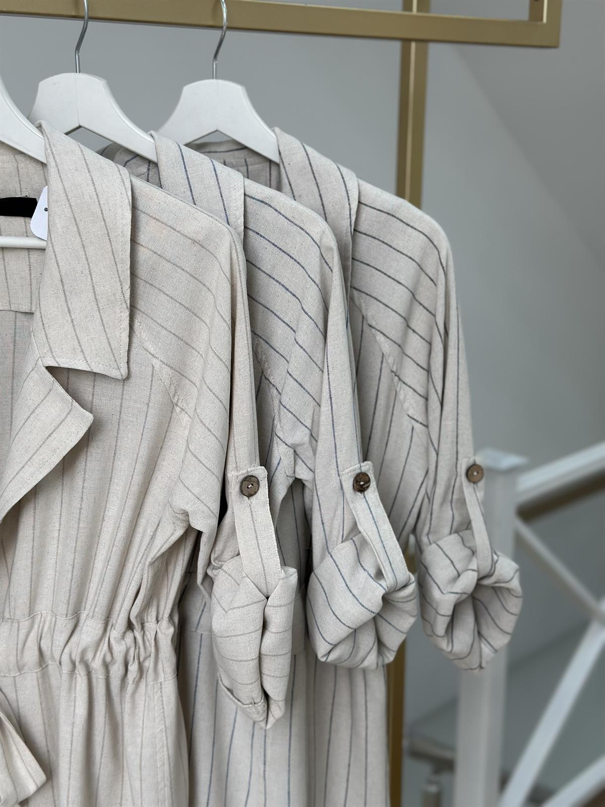 Beli Bağlamalı Çizgili Keten Takım-Vizon