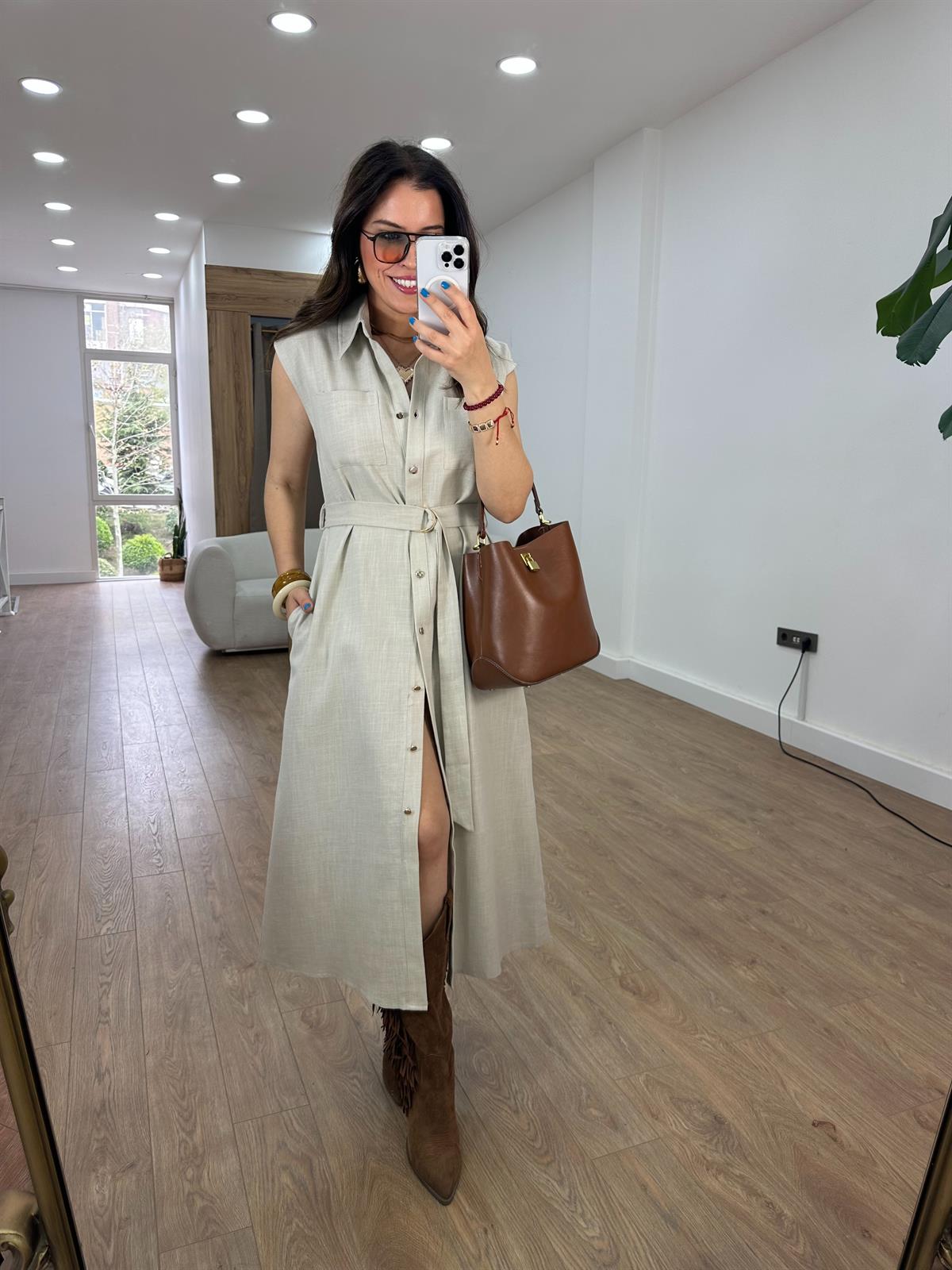 Beli Bağlamalı Keten Elbise - Taş