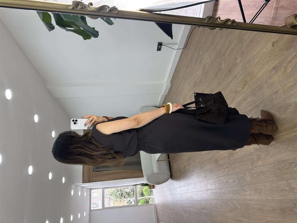 Beli Bağlamalı Keten Elbise - Kahverengi