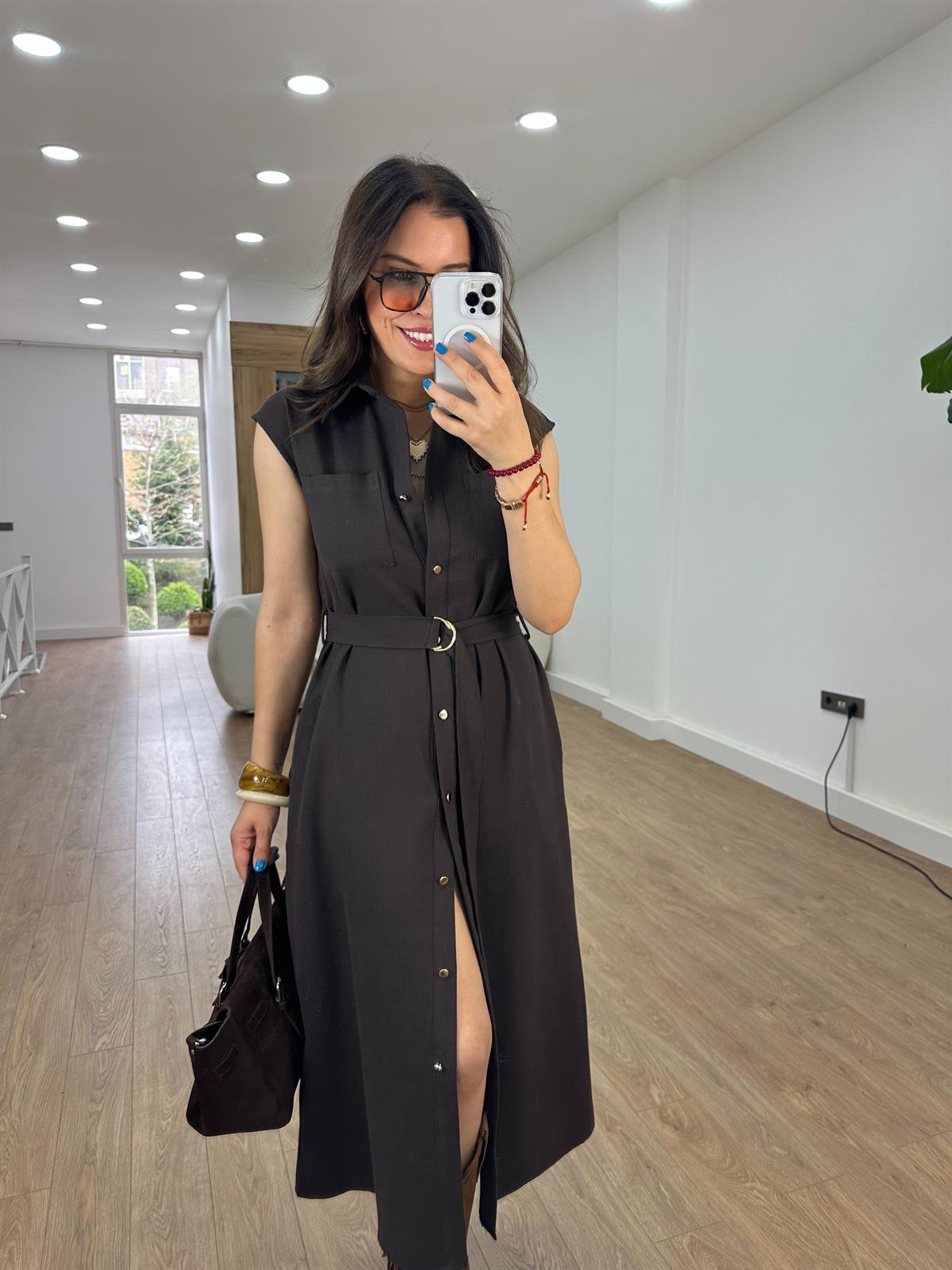 Beli Bağlamalı Keten Elbise - Kahverengi