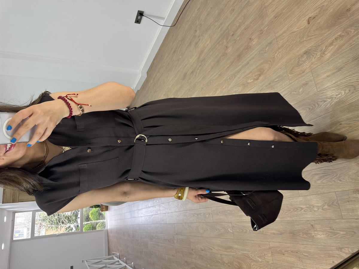 Beli Bağlamalı Keten Elbise - Kahverengi