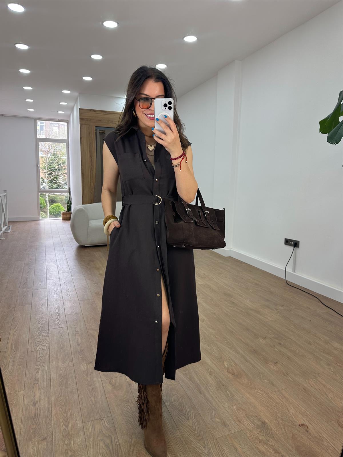 Beli Bağlamalı Keten Elbise - Kahverengi