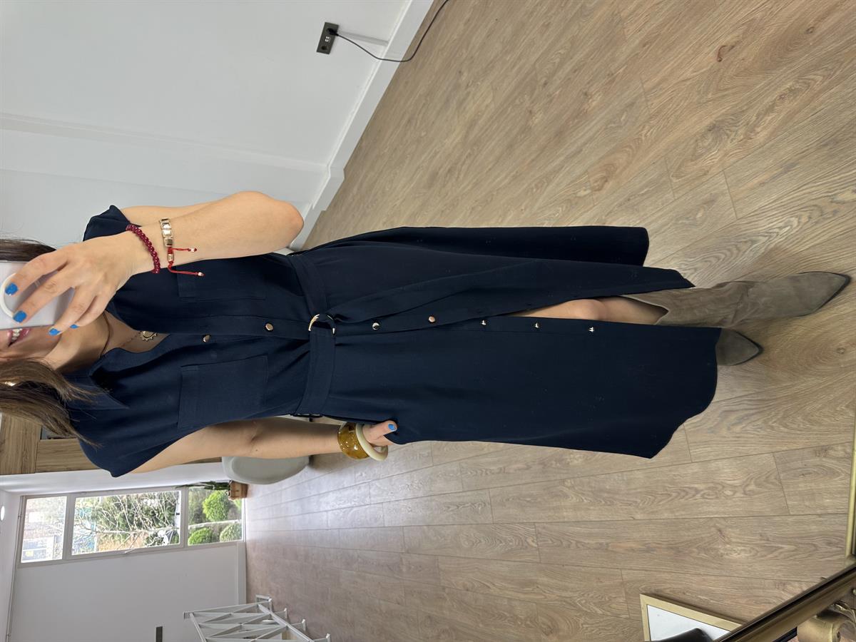 Beli Bağlamalı Keten Elbise - Lacivert