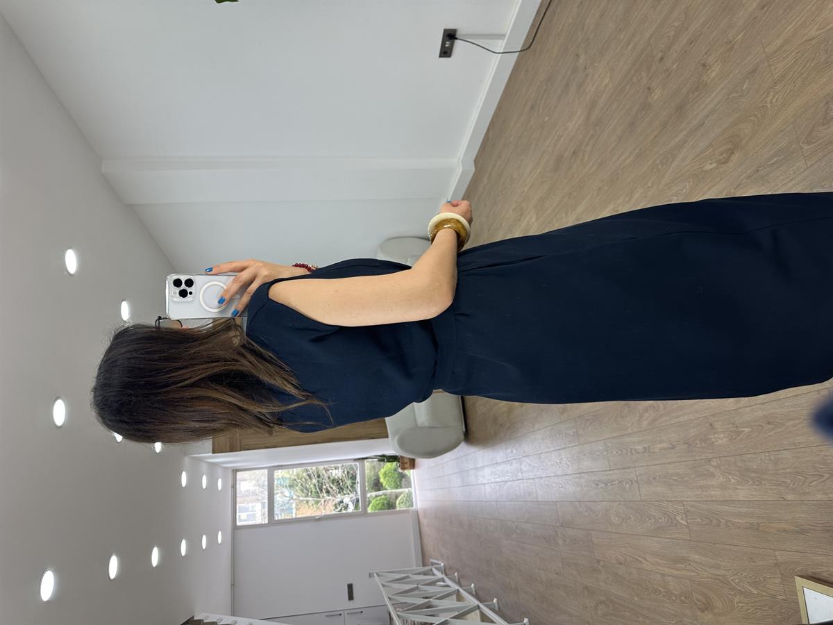 Beli Bağlamalı Keten Elbise - Lacivert