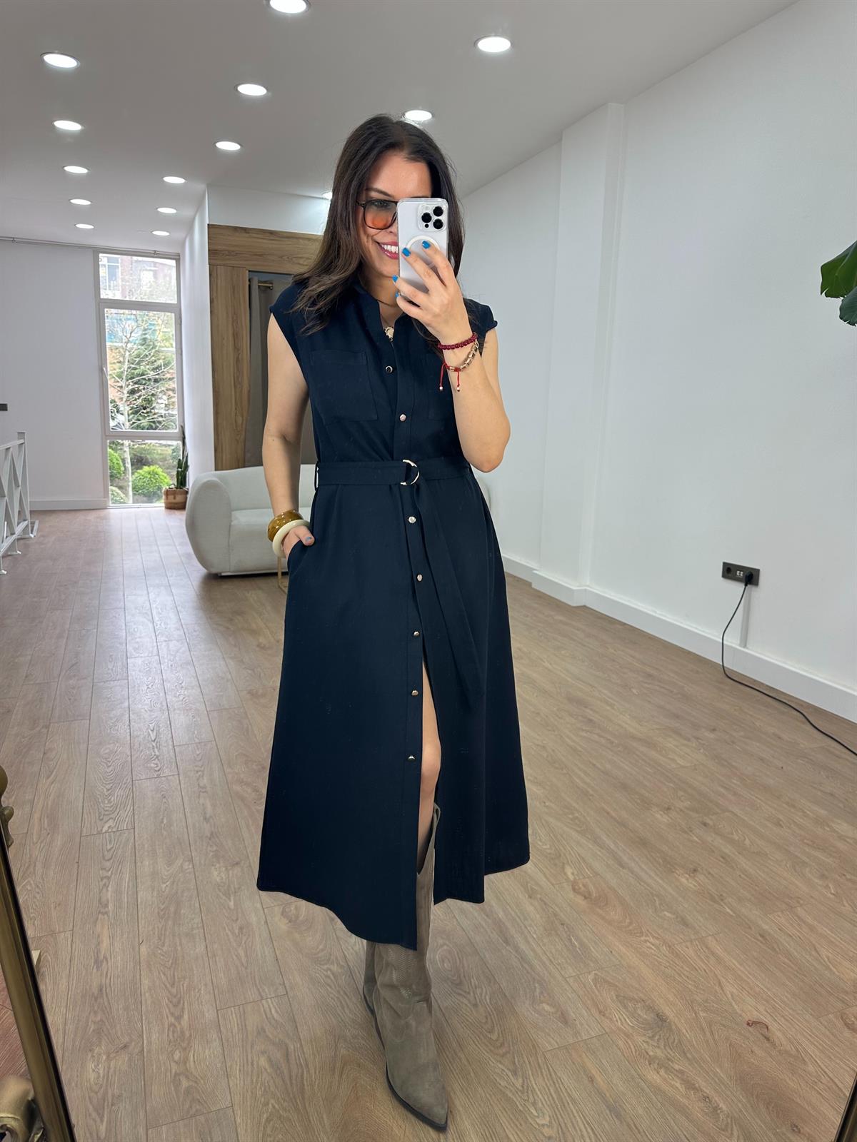 Beli Bağlamalı Keten Elbise - Lacivert