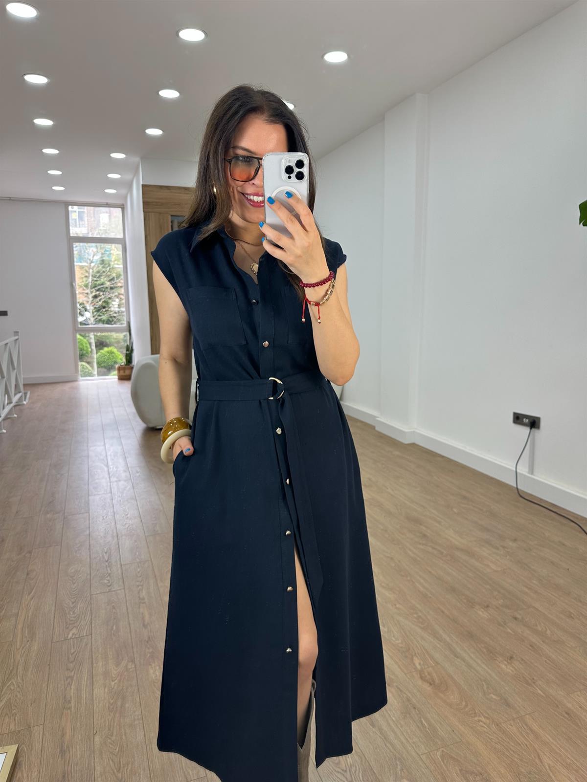 Beli Bağlamalı Keten Elbise - Lacivert