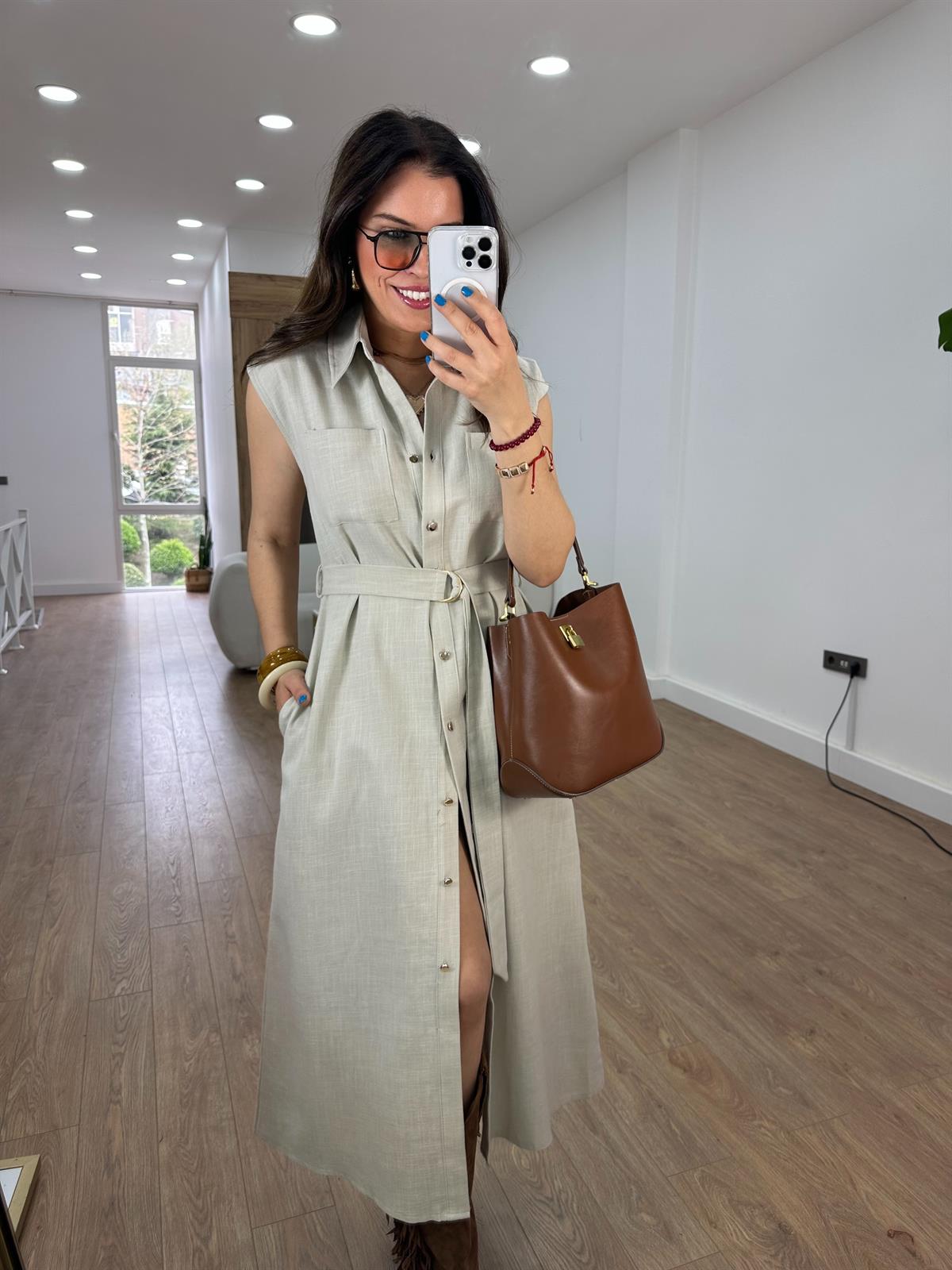 Beli Bağlamalı Keten Elbise - Taş