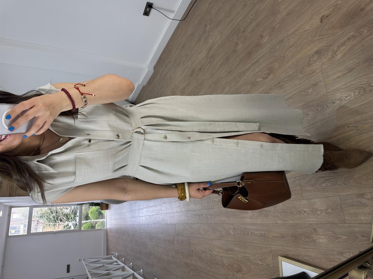 Beli Bağlamalı Keten Elbise - Taş