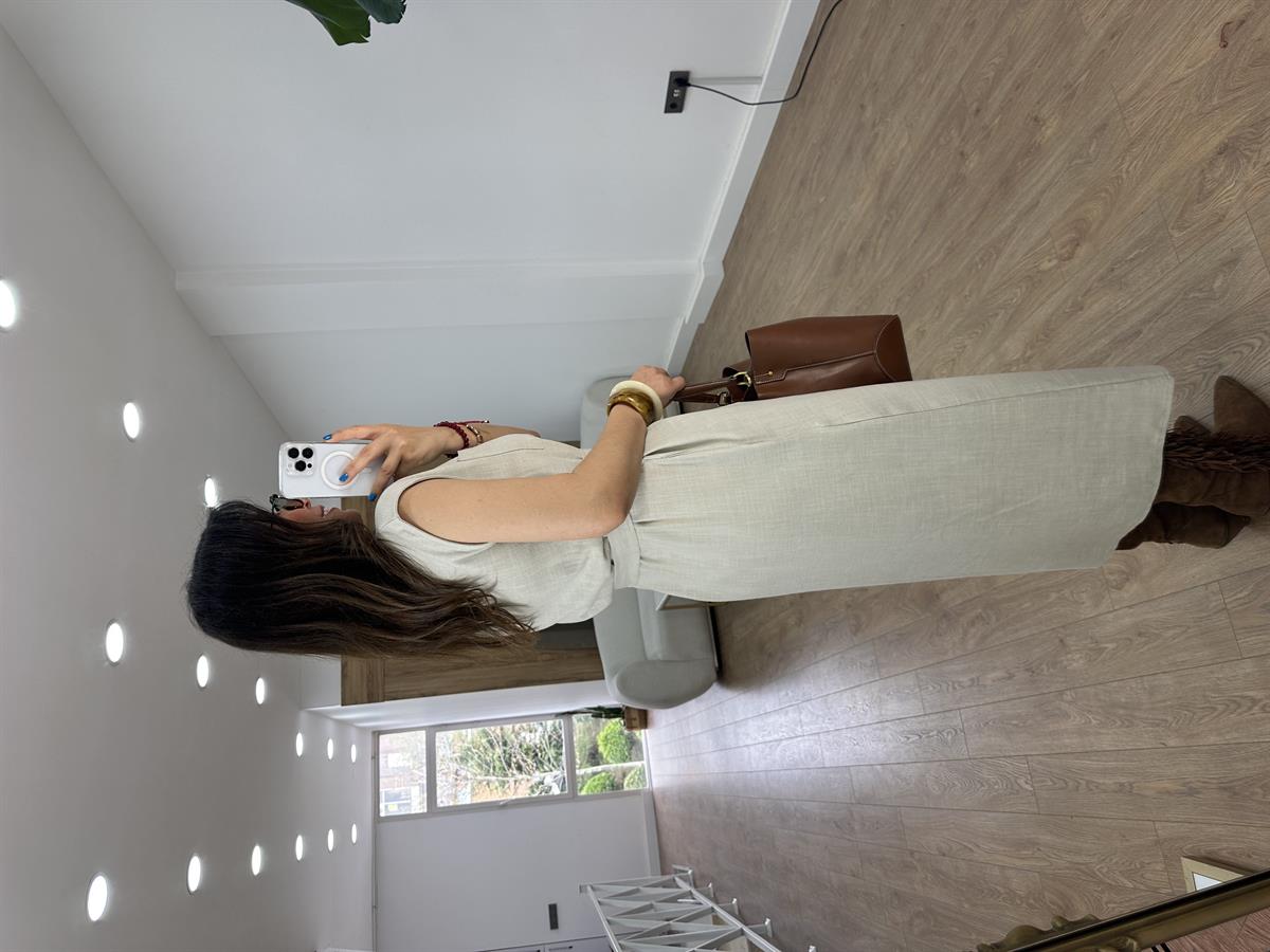 Beli Bağlamalı Keten Elbise - Taş