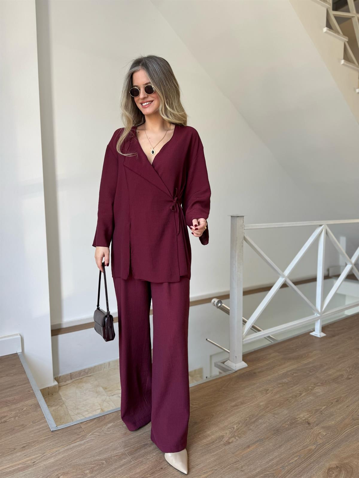 Beli Bağlamalı Tiril Takım - Bordo