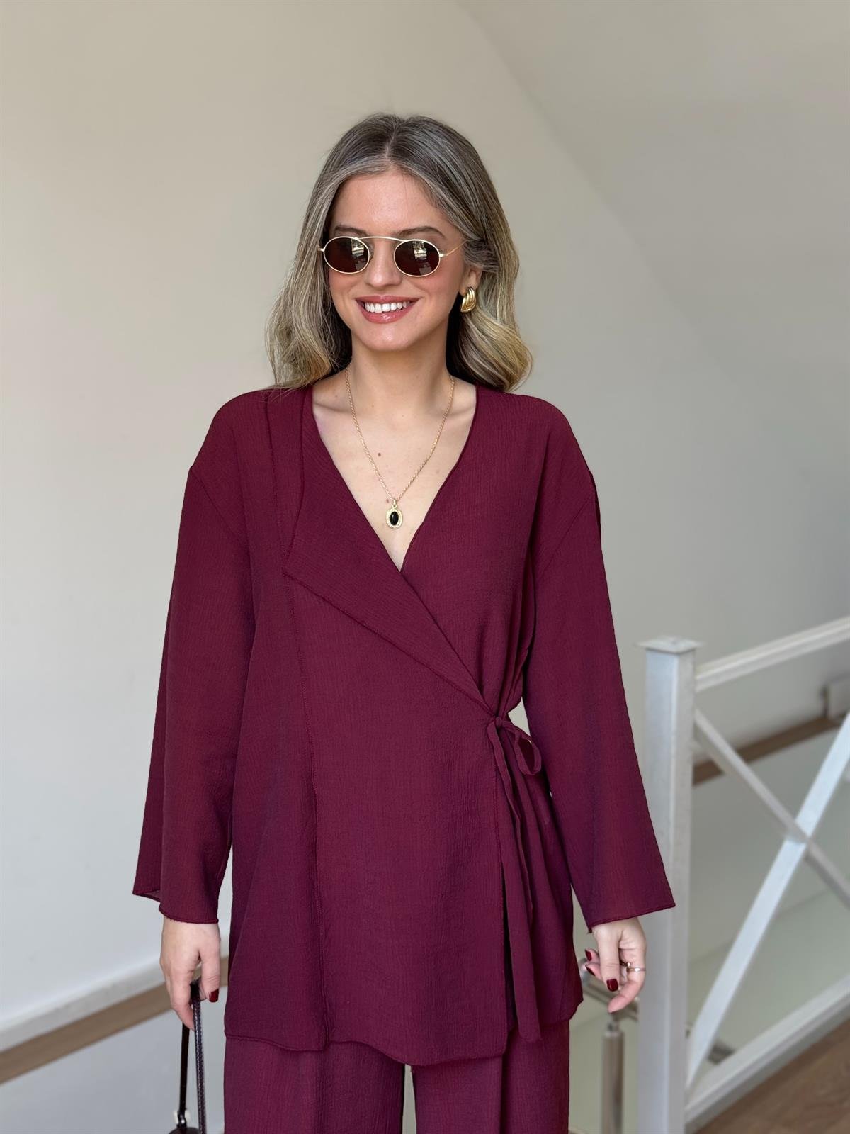 Beli Bağlamalı Tiril Takım - Bordo