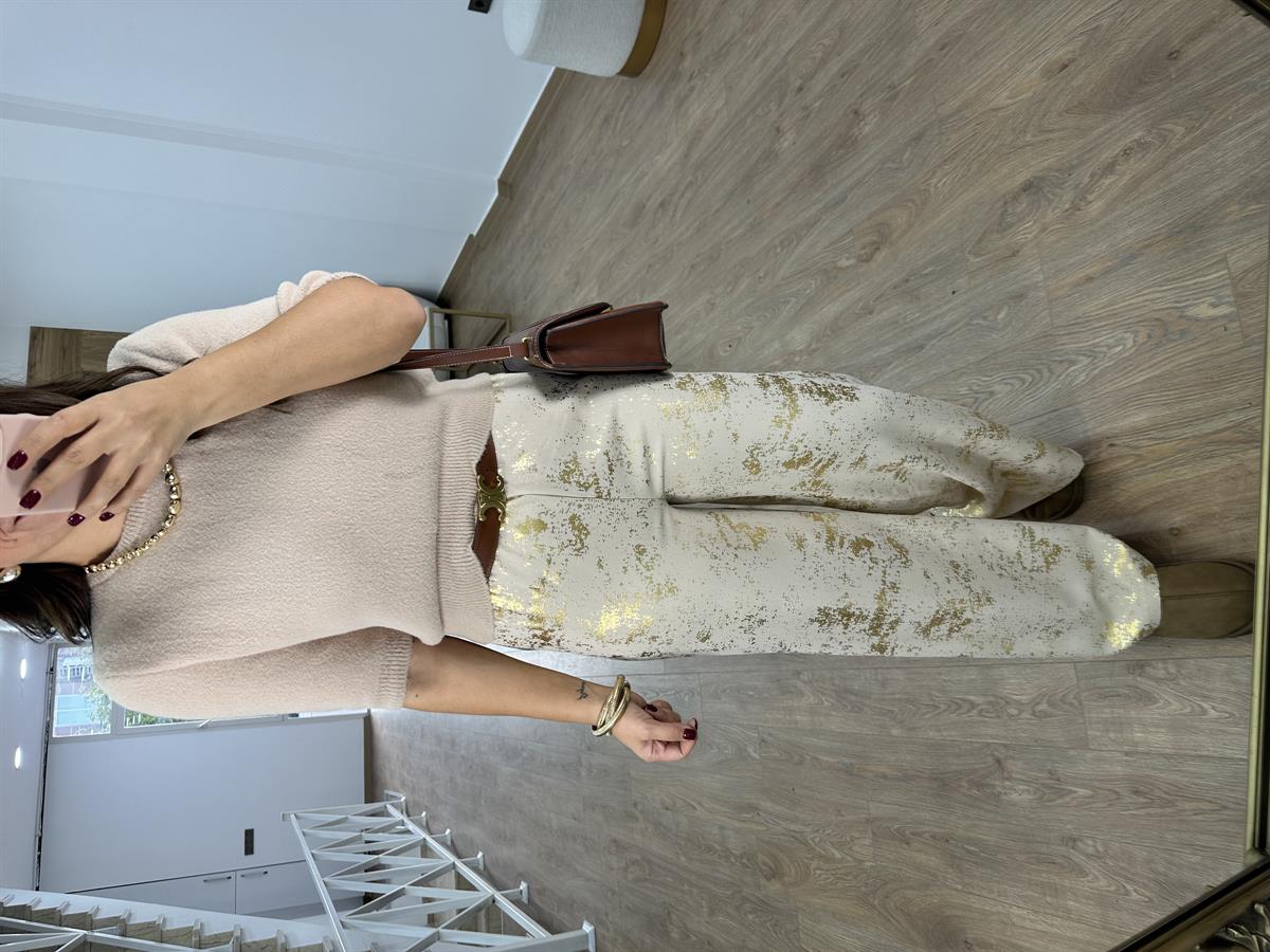 Beli Bağlamalı Varak Baskılı Palazzo Pantolon-Gold