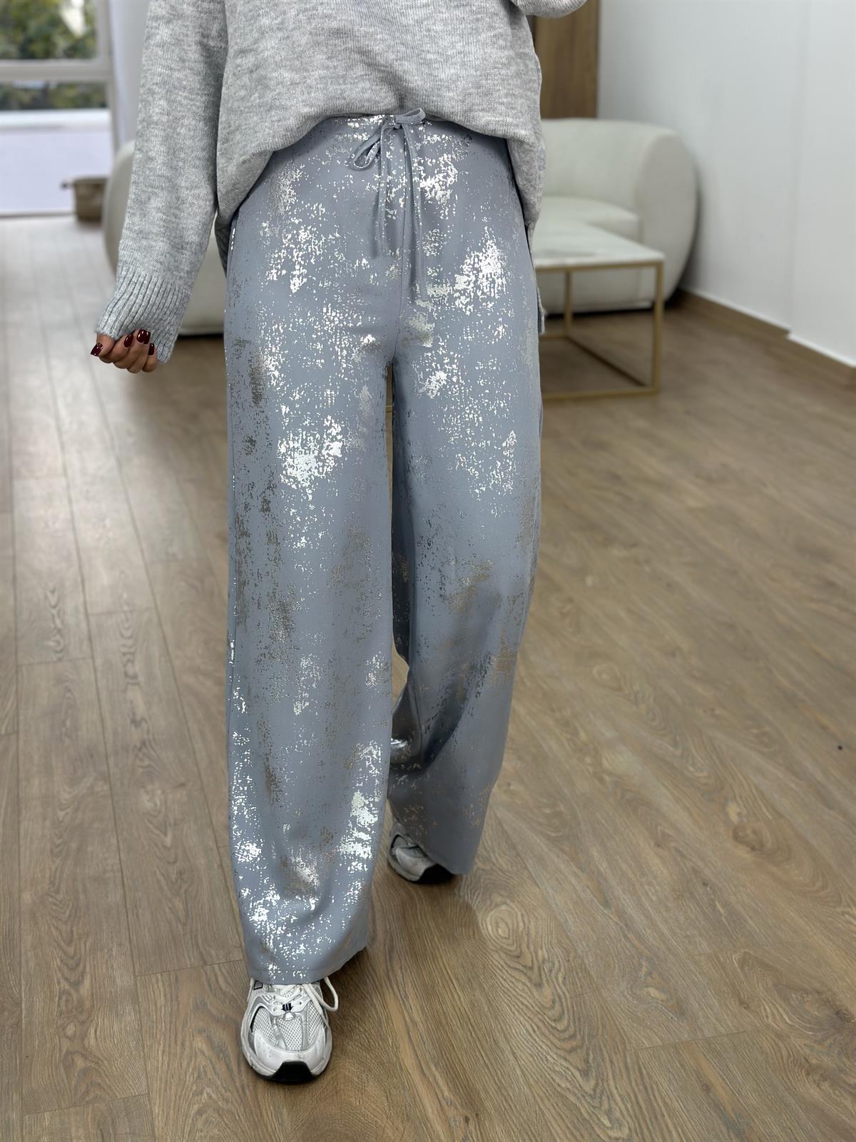 Beli Bağlamalı Varak Baskılı Palazzo Pantolon-Gümüş