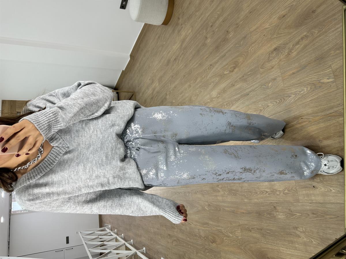 Beli Bağlamalı Varak Baskılı Palazzo Pantolon-Gümüş