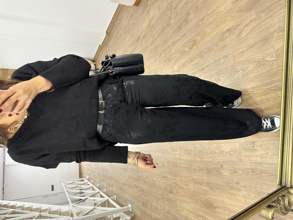 Beli Bağlamalı Varak Baskılı Palazzo Pantolon-Siyah