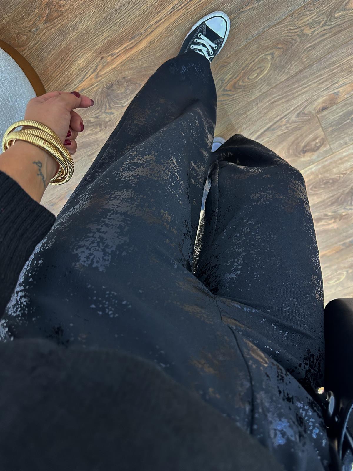 Beli Bağlamalı Varak Baskılı Palazzo Pantolon-Siyah