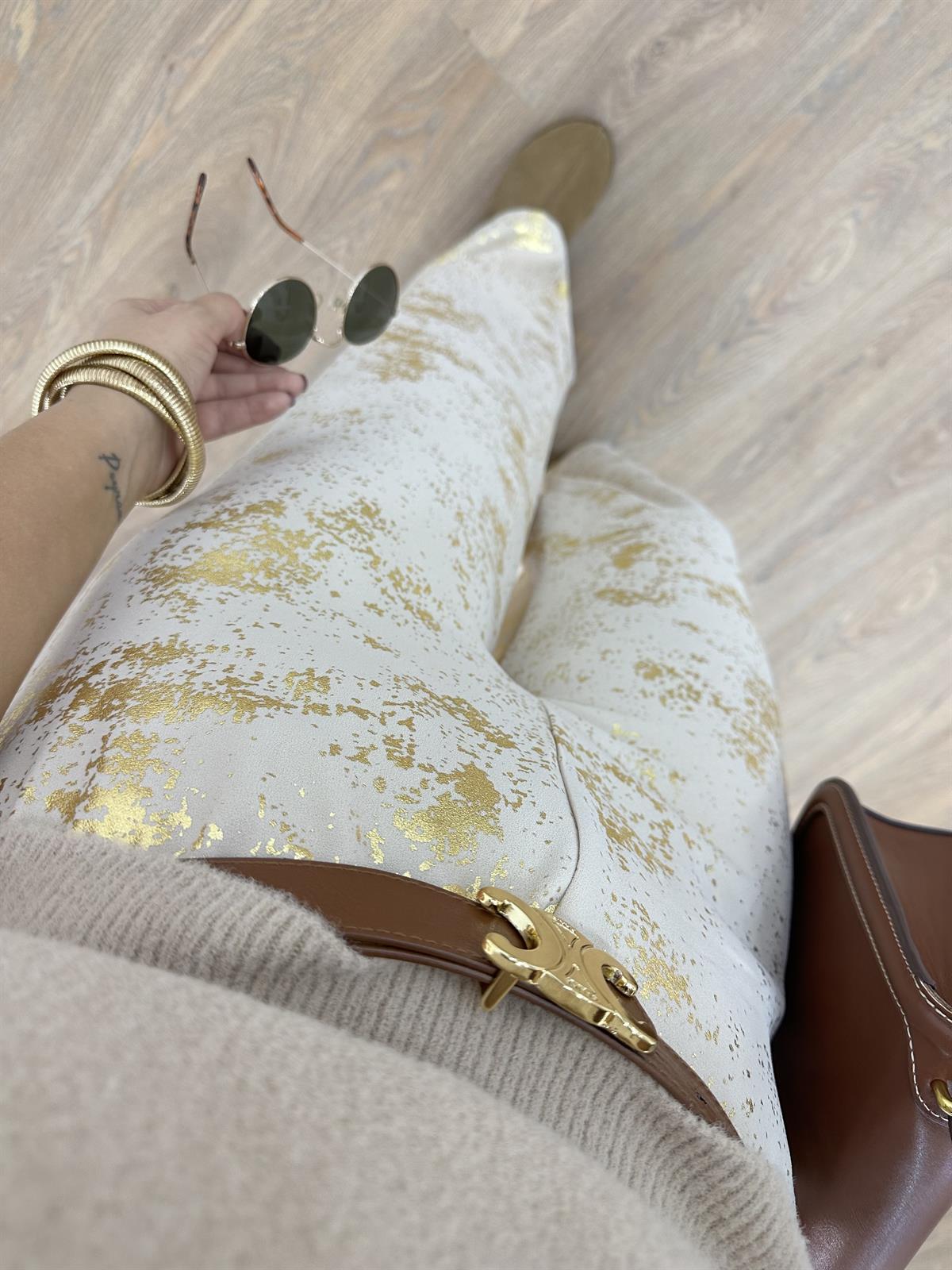 Beli Bağlamalı Varak Baskılı Palazzo Pantolon-Gold