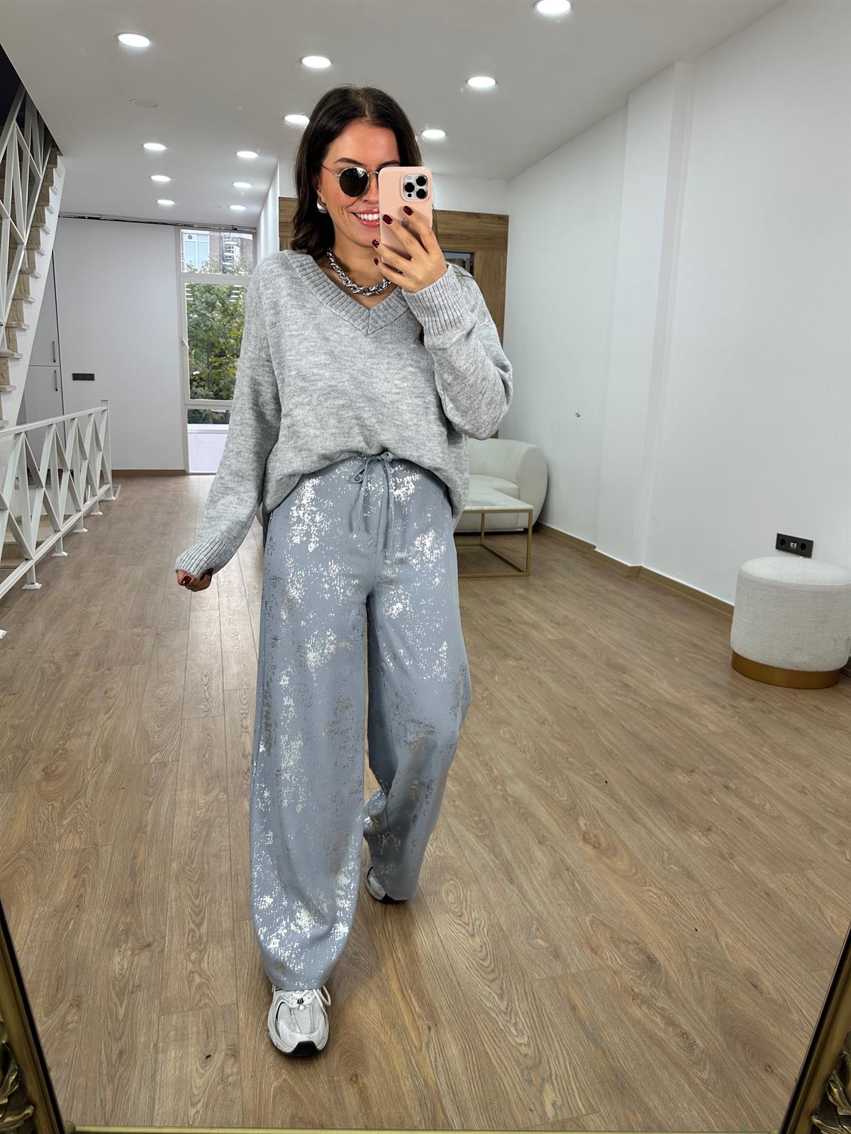 Beli Bağlamalı Varak Baskılı Palazzo Pantolon-Gümüş