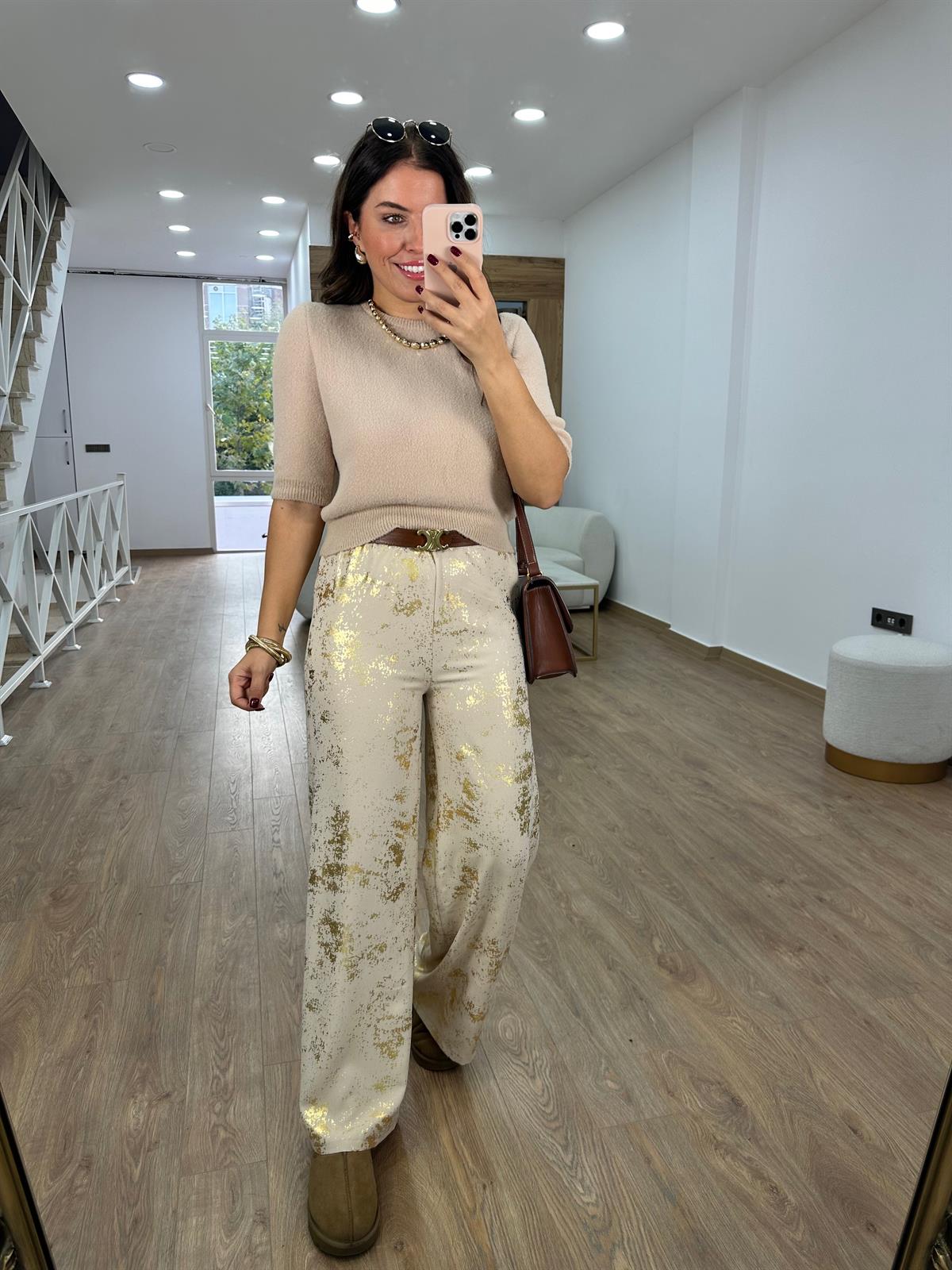 Beli Bağlamalı Varak Baskılı Palazzo Pantolon-Gold