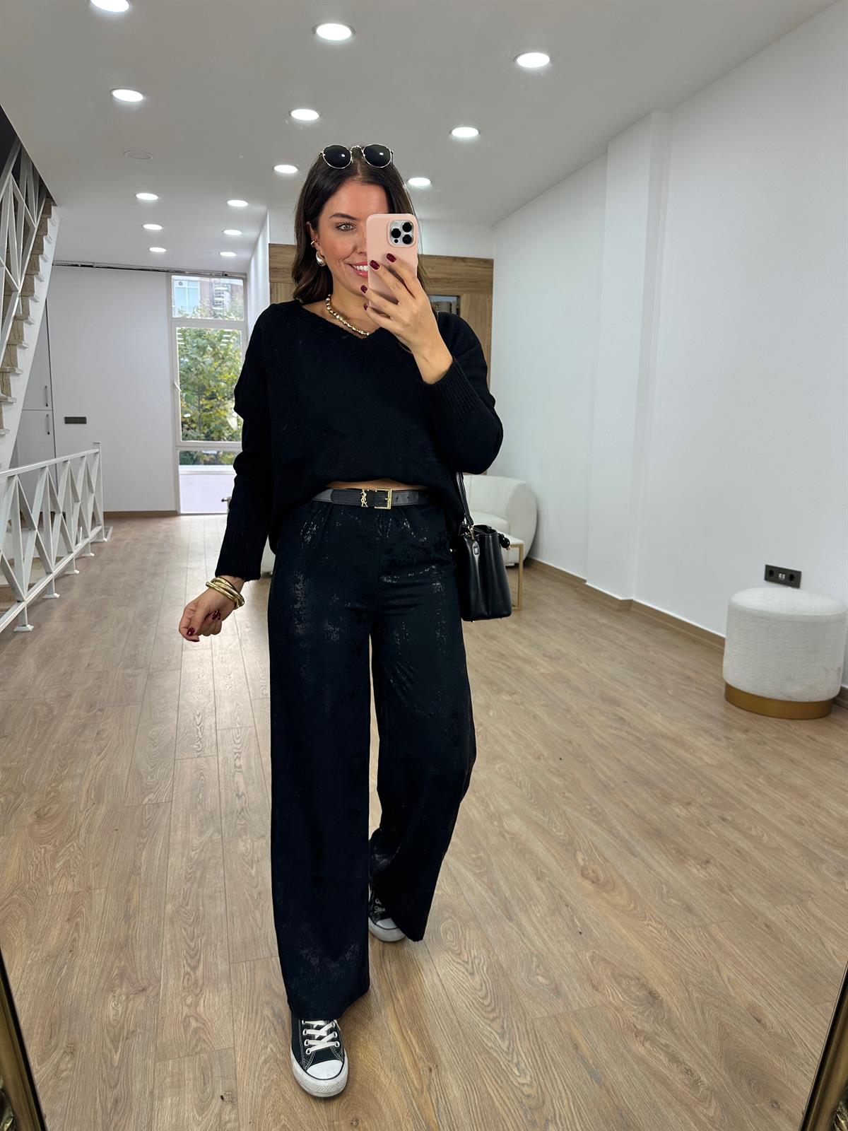 Beli Bağlamalı Varak Baskılı Palazzo Pantolon-Siyah