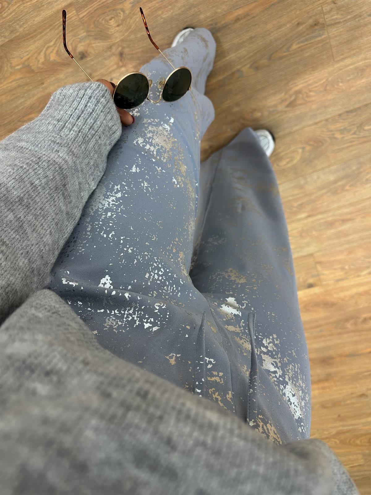 Beli Bağlamalı Varak Baskılı Palazzo Pantolon-Gümüş