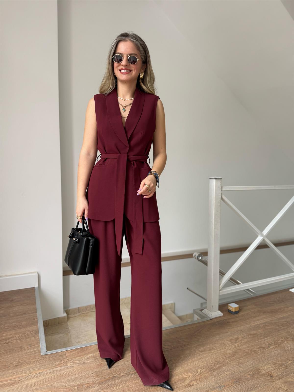 Beli Bağlamalı Yelek Pantolon Takım - Bordo