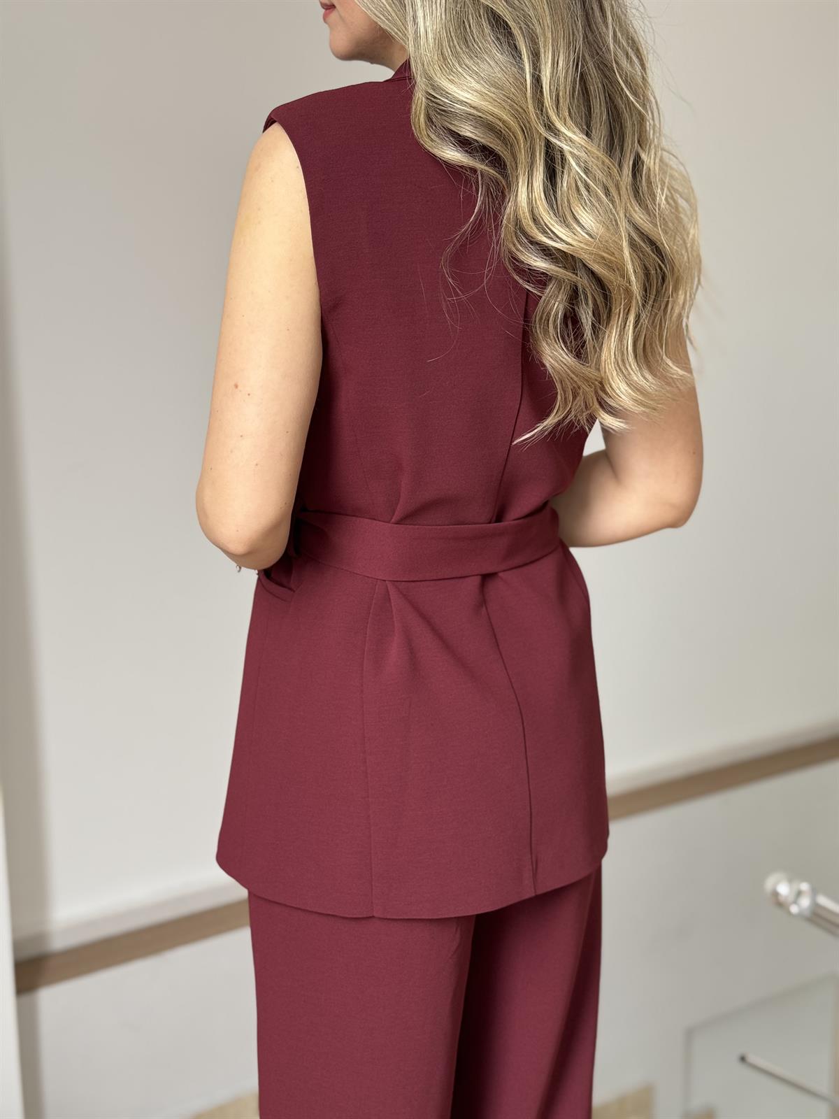 Beli Bağlamalı Yelek Pantolon Takım - Bordo
