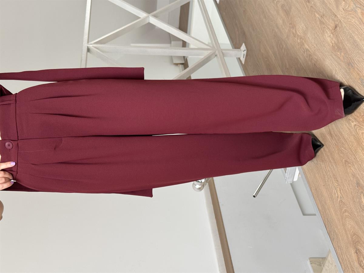 Beli Bağlamalı Yelek Pantolon Takım - Bordo