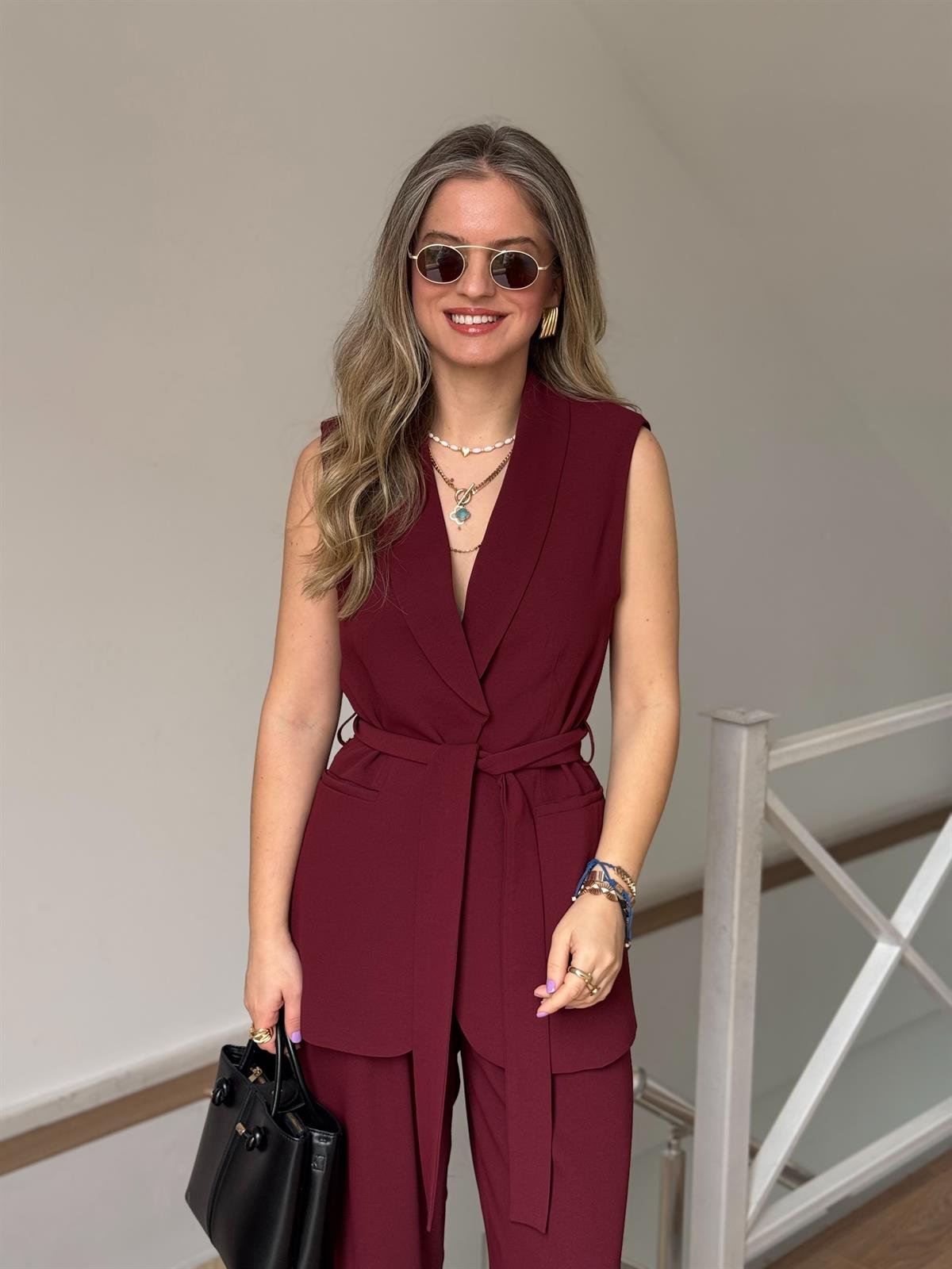 Beli Bağlamalı Yelek Pantolon Takım - Bordo