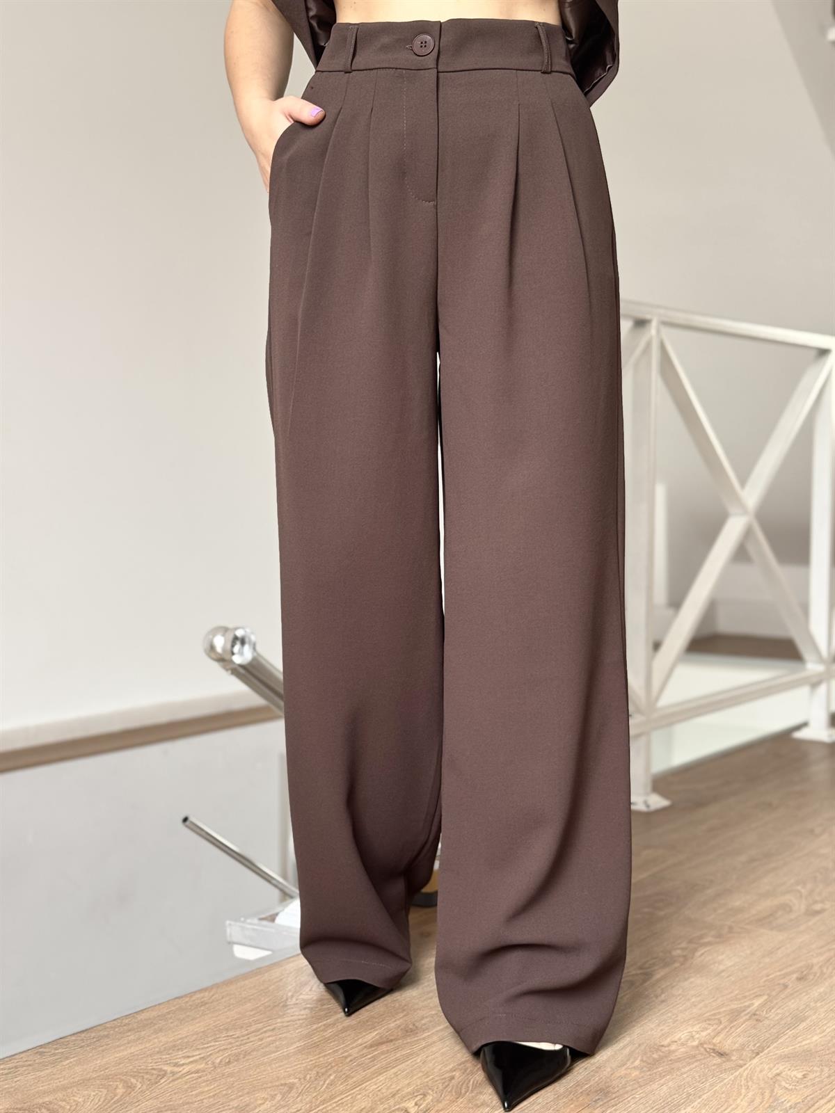 Beli Bağlamalı Yelek Pantolon Takım - Kahverengi