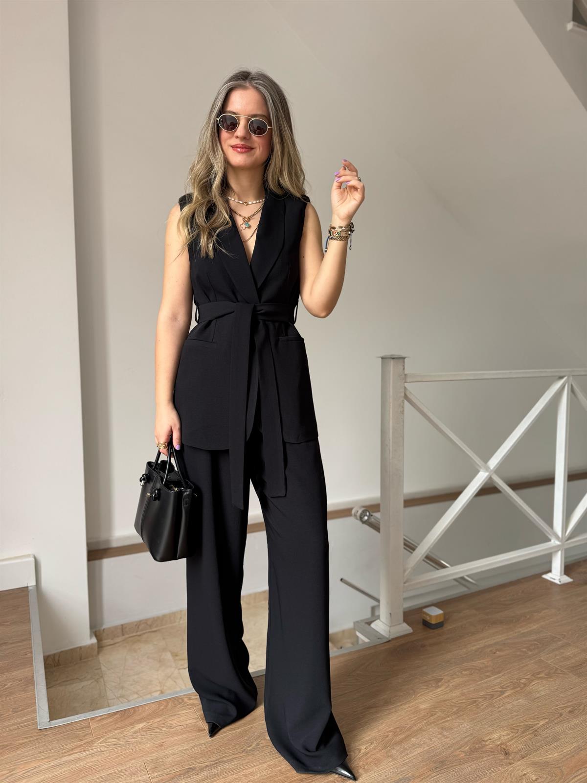 Beli Bağlamalı Yelek Pantolon Takım - Siyah