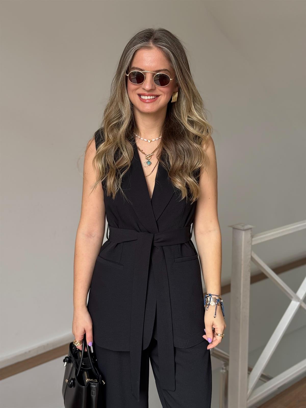 Beli Bağlamalı Yelek Pantolon Takım - Siyah