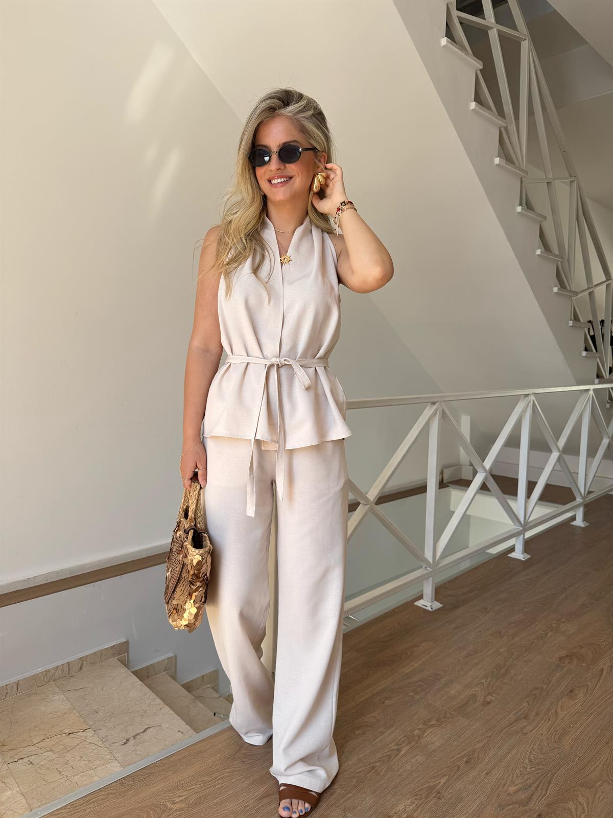 Beli Bağlamalı Yelek Pantolon Takım - Taş