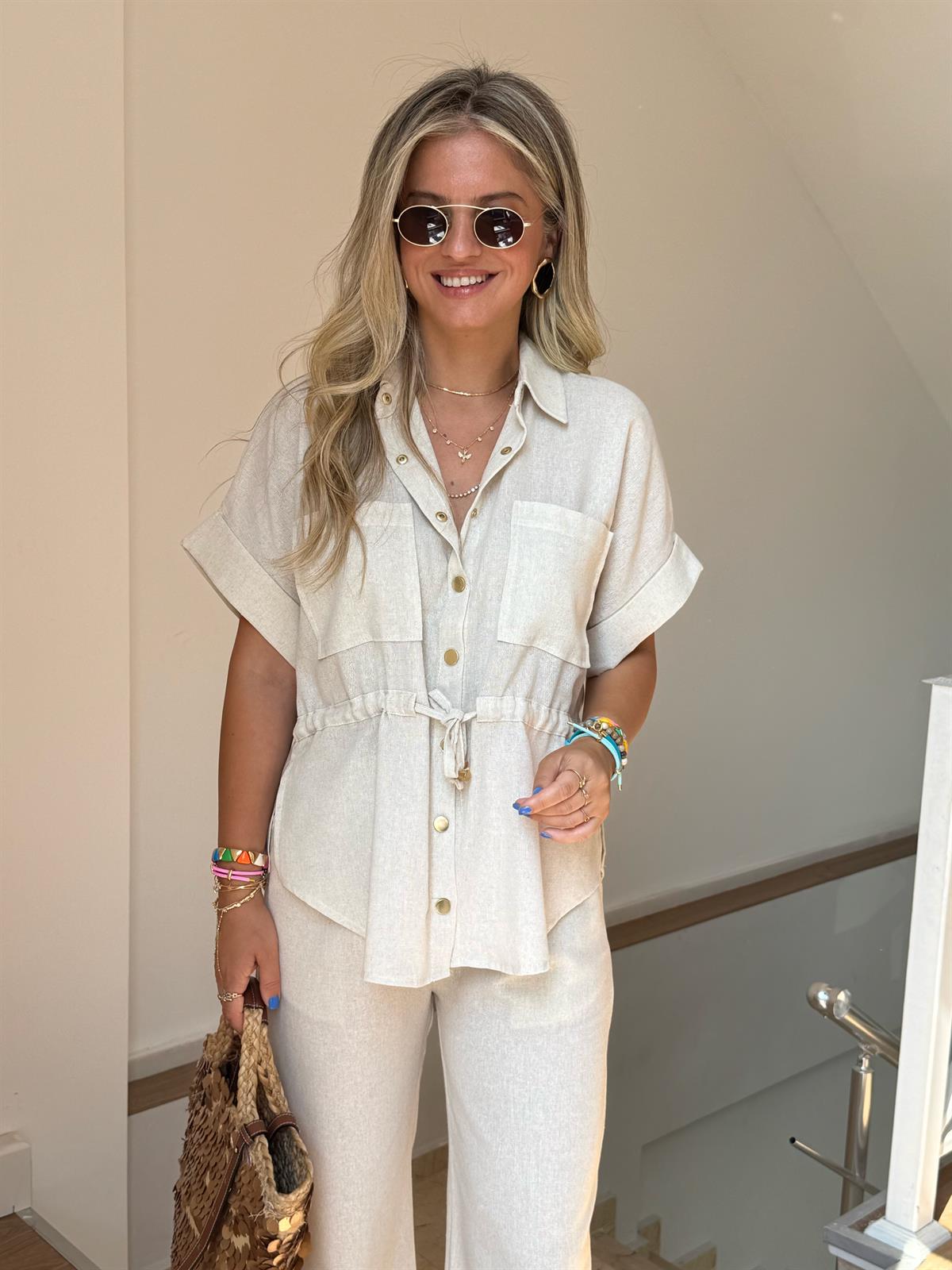 Beli Büzgülü Keten Pantolon Gömlek Takım 