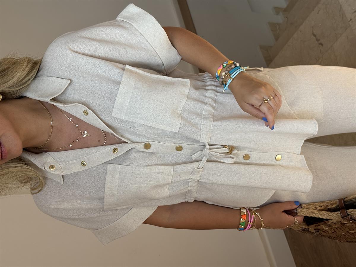 Beli Büzgülü Keten Pantolon Gömlek Takım 